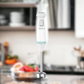 TESLA HB510BWS staafmixer (600 W, roestvrij staal, 4 snelheden, 2 messen, siliconen hoes, aardappelstamper) blauw-wit