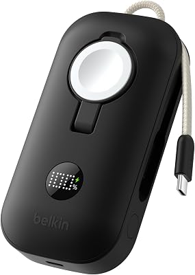 Belkin BoostCharge Pro 10000mAh Power Bank met Apple Watch Oplader, Powerbank iPhone met Vaste Gevlochten USB C Kabel, Digitaal Display, 45W, Draagbare Oplader voor het Opladen van 3 Apparaten - Zwart