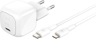 Belkin BoostCharge compacte wandlader (30 W), reisvriendelijk, USB-C Power Delivery, snellader voor Apple iPhone, Samsung Galaxy, iPad, AirPods, tablet, iPhone oplader met USB-C/Lightning-kabel - wit