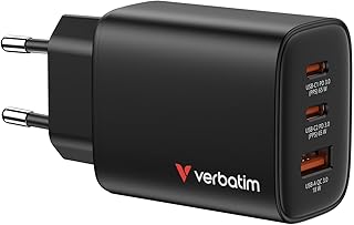 Verbatim Essentials GaN Charger 65W, 2 poorten USB-C oplader PD3.0, 1 poort USB-A QC 3.0, snellader als meervoudige stekker voor Apple MacBook, notebook, iPad, iPhone 15 - iPhone 17, Samsung, zwart