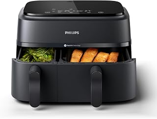 Philips Airfryer met twee baklades - Gezond, snel en veelzijdig koken, 9 liter inhoud, touchscreen, 2 lades (NA350/00)