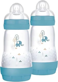 MAM Easy Start Anti-koliek flesjes, set van 2 babyflessen voor baby's van 2-4 maanden, 260 ml met speen Fluss 2 voor 2+ maanden, van SkinSoft siliconen, bio-rond, lichtblauw