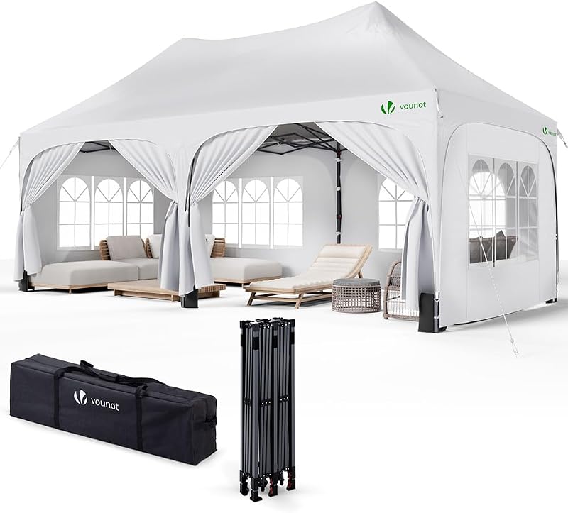 VOUNOT Vouwpaviljoen, 3 x 6 m, met zijpanelen, waterdicht, uv-bestendig, in hoogte verstelbaar, pergola voor de tuin met zandzakken en draagtas, voor camping, feesten, bruiloften in de open lucht, wit