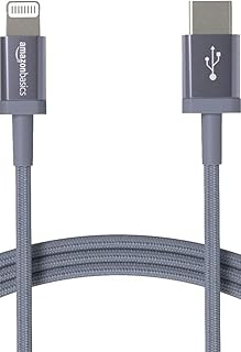Amazon Basics USB-A naar Lightning-oplaadkabel, nylon gevlochten snoer, MFi-gecertificeerde oplader voor Apple iPhone 14, 13, 12, 11, X, Xs Pro, Pro Max, Plus, iPad, 1,8 m, donkergrijs