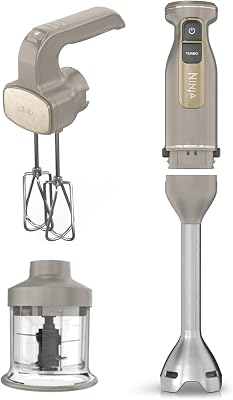 Ninja Foodi Staafmixer, Handmixer & Hakmolen met Geleidelijke Start, 2 Meng- & 5 Mixsnelheden om te Hakken, Mixen, Kneden, Mengen & Meer, Vaatwasserbestendige Onderdelen, Steengouden CI100EUSTGD