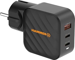 Hammer RapidCharge 65 W USB C-oplader, 3-poorts snellader, laadt in 10 minuten, PD/PPS-voeding voor mobiele telefoon, tablet en laptop, compacte USB-C-snellader voor thuis, telefoonlader