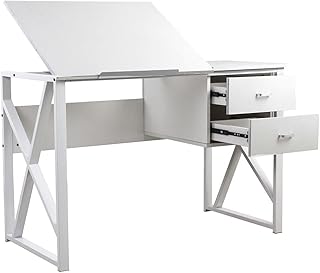 BAKAJI Bureau met 2 laden en kantelbaar tafelblad, voor de werkplek, computer, frame van metaal en tafelblad van MDF-hout, interieur, thuis, kantoor, 110 x 75 x 55 cm (wit)