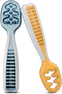 NumNum GOOtensils Babylepels Set - Fase 1+2 Siliconen Leerlepels voor baby's 6+ maanden - Voederlepel Ideaal voor Baby Led Weaning BLW - BPA-vrij Lepels - 2-delig (Blauw/Oranje)