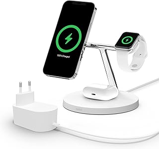 Belkin MagSafe 3-in-1 draadloze oplader voor iPhone 15 + Apple Watch + AirPods, Magnetische lader voor het opladen van 16,15,14/13/12-modellen met tot 15 W, V1 (2021), Wit