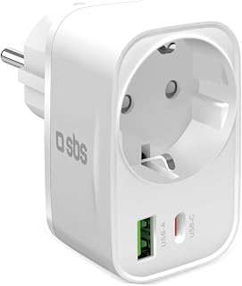 SBS Multi-Socket Voedingsadapter 20W USB-C USB-A, Doorvoer Schuko-Steker, Power Delivery (PD) 20W, Snelladen, USBC- en USBA-lader, Oplader voor iPhone, Samsung en Tablet, Wit