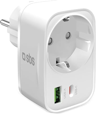 SBS Multi-Socket Voedingsadapter 20W USB-C USB-A, Doorvoer Schuko-Steker, Power Delivery (PD) 20W, Snelladen, USBC- en USBA-lader, Oplader voor iPhone, Samsung en Tablet, Wit