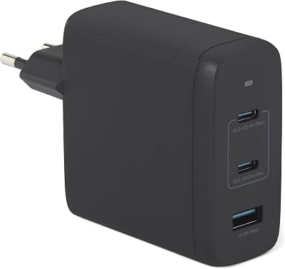 Amazon Basics 120W 3-poorts Nano GaN Wall USB C-oplader, PD voor laptops, tablets, telefoons, geen PPS, zwart