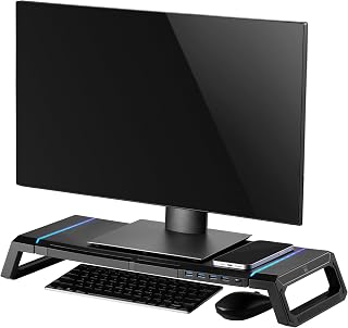 Ewent RGB-monitorstandaard, verstelbare beeldschermstandaard, inklapbaar met lade, houder voor smartphone en tablet + 4 USB-poorten 3,2 Gen1, verhoging voor monitor voor pc/laptop/iMac, zwart