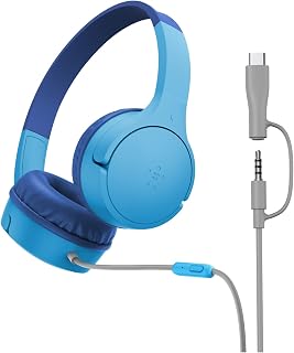 Belkin SoundForm Mini Kinderkoptelefoon Bedrade met USB-C naar 3,5 mm adapter, Microfoon, Stickers, max. volume 85 dB – voor online onderwijs, op reis, voor iPhone, iPad, Galaxy, enz. - Blauw