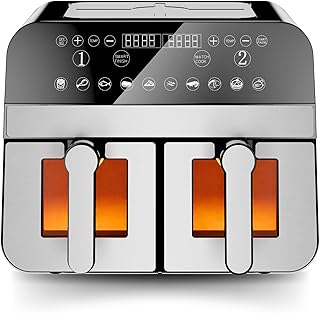 Comfy Nest, CNAFD45WS, 2400 W digitale heteluchtfriteuse met dubbele mand en 9 liter venster, gezond en snel koken, modern design, ideaal voor elke keuken, grijs