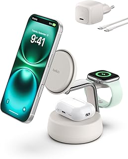Belkin 3 in 1 Draadloze Oplader, Qi2-Gecertificeerd Magnetisch Oplader met 25W, Verstelbare MagSafe-Compatible Charger voor iPhone 16, Apple Watch, AirPods, Oplaadstation met 45W Adapter - Zand