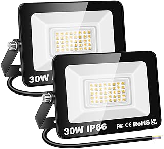 RIGIDON 2 Stuks Outdoor Flood LED-werklamp, 30W 3000 Lumen Schijnwerper, Daglicht Warm Wit Veiligheidsverlichting voor Tuin Yard Gazon Basketbal Voetbalveld Patio Landschap, IP66 Waterdicht 3000K
