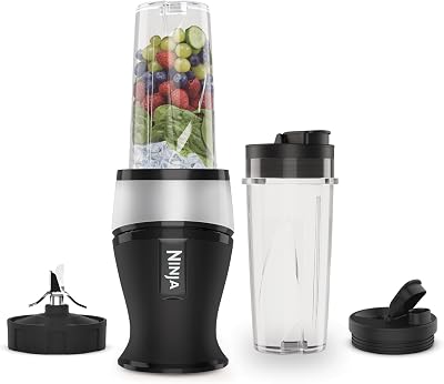 Ninja Slim Blender & Smoothiemaker, 2x 470ml Bekers met Drinktuitdeksels, Personal Blender, IJs & Bevroren Fruit Malen, Vaatwasmachinebestendige Onderdelen, 700W, Zilver/Zwart, QB3001EUS