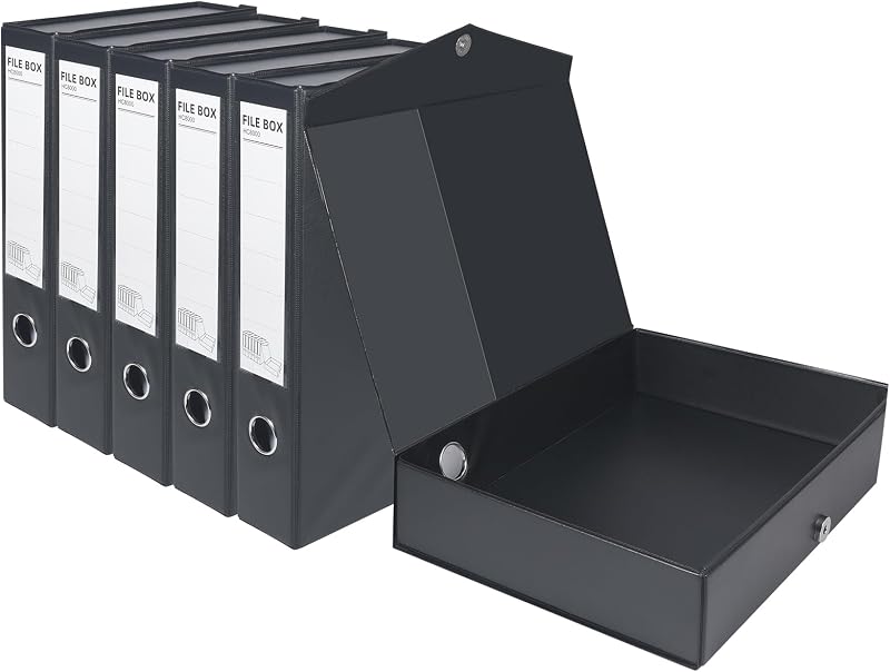 DONGLI 6 Pack Box Bestanden A4,65mm Ruggen,PVC Opvouwbare Document Archivering Dozen voor Kantoor School - Zwart