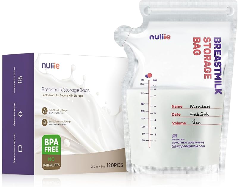 Nuliie 120 stuks moedermelkzakjes, 250 ml BPA-vrij, melkzak voor moedermelk met schenktuit voor borstvoeding, zelfstaand, kan worden ingevroren, ruimtebesparend