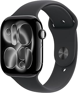 Apple Watch Series 11 GPS 46 mm Smartwatch met kast van gitzwart aluminium, zwart sportbandje (S/M). Slaapscore, conditie bijhouden, gezondheid monitoren, Always‑On display, waterbestendig