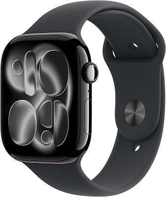 Apple Watch Series 11 GPS 46 mm Smartwatch met kast van gitzwart aluminium, zwart sportbandje (S/M). Slaapscore, conditie bijhouden, gezondheid monitoren, Always‑On display, waterbestendig