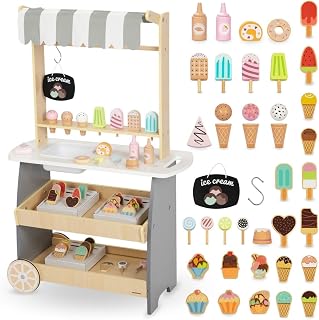 Mamabrum Houten IJssalon op Wielen voor Kinderen 3+, Mobiele IJscrollwagen, Verkoperspel, Subtiel Ontwerp, Rijke Accessoires, Ontwikkelt Creativiteit en Sociale Vaardigheden