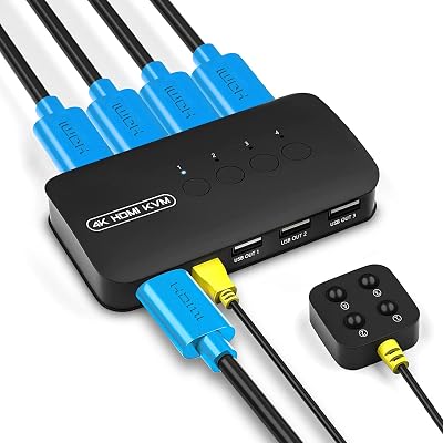 KVM HDMI schakelaar, USB 2.0 Switch voor 4 Computers, 4 in 4 out Switch voor Printers, Scanners, Toetsenborden, USB Sticks, Muis - met 4 KVM kabels