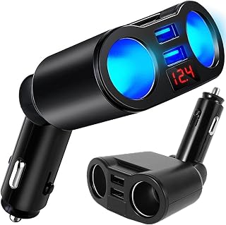 Retoo Sigarettenaansteker verdeler met 2 meervoudige stopcontacten, voltmeter en 2 USB, 12 V/24 V, A Quick Charge, auto-oplader, aansluitingen voor mobiele telefoon, tablet, GPS, dashcam