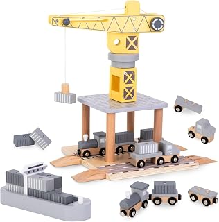 Mamabrum, beweegbare havenkraan met magnetische lier en toebehoren - houten set, beweegbare kraan, vrachtwagen, wagon, aanhangwagen, kinderwagen speelgoedkraan houten kraan houten kinderen