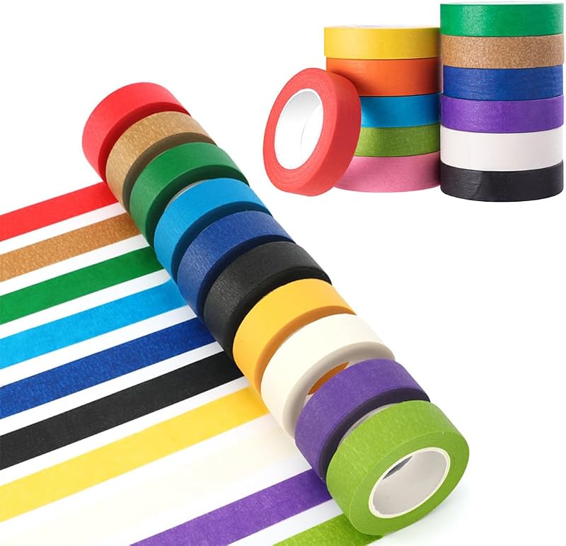 12 Rollen Gekleurde Washi Tape - Scheurbare & Beschrijfbare Crêpepapier Tape - Zonder Plakresten - Voor Scrapbooking, Kantoorartikelen Decoratie & Documentmarkering - 13m x 1cm