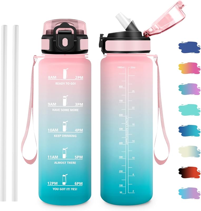 Drinkfles 1 l BPA-vrij waterfles met rietje en tijdmarkering - outlet/retourdeal
