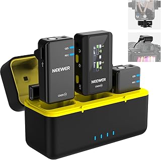 NEEWER CM28 Draadloos lavalier-microfoonsysteem met oplaadkoffer, ruisonderdrukking, 4 GB geheugen, 9 Hrs opname, 48 KHz, ongecomprimeerde audio microfoon compatibel met iPhone iPad Android PC camera