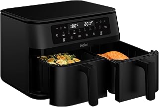Haier Heteluchtfriteuse, 2 kamers, 11 liter airfryer, 8-in-1: frituren, grillen, braden, bakken, drogen, opwarmen, ontdooien, slow cooking, sync-functie, antiaanbaklaag, vaatwasmachinebestendig
