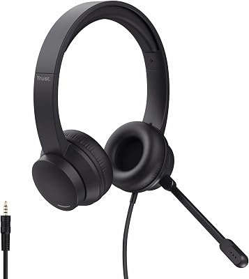 Trust Roha II On-Ear Headset 3.5mm met Microfoon, Lichtgewicht Koptelefoon met Kabel van 1.8 m, Verstelbare Hoofdband, Headphones voor PC Computer Laptop Chat Thuiswerken Teams Zoom, Zwart