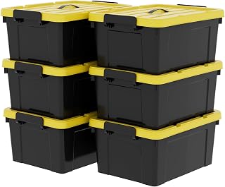 Cetomo Kunststof opbergdoos met deksels, handvat en vergrendelgespen voor gereedschap buiten tuin garage huis, duurzaam, heavy duty, stapelbaar, nesten, zwart en geel, 35 liter (6 stuks)