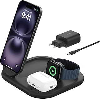 Belkin BoostCharge 3-in-1 oplader met Qi2, magnetische inklapbare lader 15W, MagSafe compatible oplader voor Apple iPhone 16, iPhone 15, Apple Watch, AirPods, anti-slip voet, voedingsadapter - Zwart