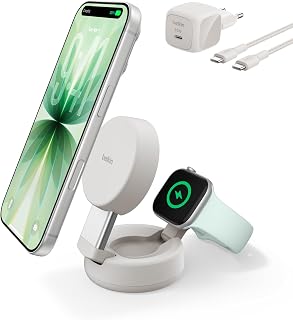 Belkin UltraCharge MagSafe Oplader, 2-in-1 Draadloos Laadstation, Qi2.2 25W Verstelbare Magnetische Draadloze Oplader iPhone 17, Apple Watch Series 10, Pixelsnap, etc. (Inclusief 45W Adapter) - Zand