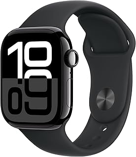 Apple Watch Series 10 (GPS 42 mm) Smartwatch - Kast van gitzwart aluminium - Zwart sportbandje (M/L). Conditie bijhouden, Ecg-app, always on Retina-display, waterbestendig