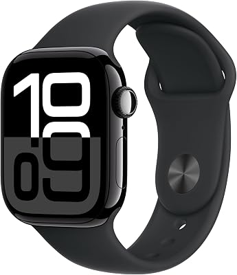 Apple Watch Series 10 (GPS 42 mm) Smartwatch - Kast van gitzwart aluminium - Zwart sportbandje (M/L). Conditie bijhouden, Ecg-app, always on Retina-display, waterbestendig