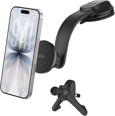 Belkin Draadloze Autolader met Telefoonhouder, Magnetische oplader auto, USB C-kabel, MagSafe Compatible, voor Snel Opladen van iPhone 17, Galaxy S25, Pixelsnap en meer - Qi2 Reisaccessoires - Zwart