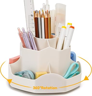Euqvunn Roterende Potlood- en Pennenhouder voor Bureau, Pennenpot Bureau-organizer met 9 Onafhankelijke Compartimenten, 360° Make-up Organizer, Ruimtebesparende Potloodhouder voor Kinderen(Beige)
