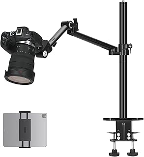 TARION Camerarm Bureaumontage: Heavy Duty DSLR Desktop Mount Camera Stand met Tablet Houder Dubbele C Klem 1/4 3/8 Schroef Adapter Articulerende Arm voor Selfie Streaming Videografie TitanRig Lite Z