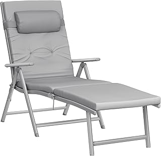 SONGMICS Ligstoel, inklapbaar, ligstoel met 6 cm dik matras, afneembaar hoofdkussen, van roestvrij aluminium, ademend, comfortabel, verstelbaar, tot 150 kg belastbaar, grijs GCB24GY