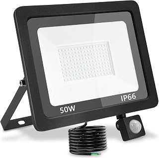 Led-schijnwerper voor buiten, met bewegingsmelder, 50 W, superhelder, 5000 lumen, 6000 K, led-schijnwerper, IP66 waterdicht, voor tuin, garage, erf (koud wit, 50 W)