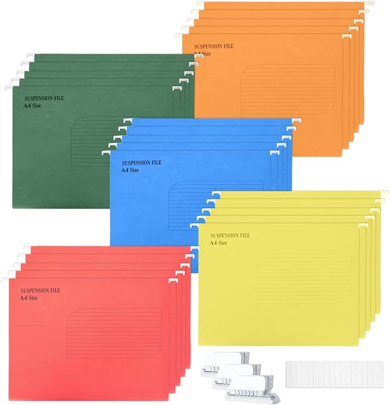 KAHEIGN 25 Stks A4 Schorsing Files, 5 Kleuren Zwaargewicht Folder Versterkte Top en Bottom Opknoping Bestandsmappen voor School Office Kantoorartikelen A4 Archiefkasten
