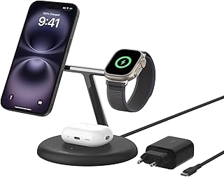 Belkin BoostCharge Pro 3-in-1 draadloze laadstandaard met Qi2 (15W), compatibel met MagSafe, wireless charger voor de iPhone 16/15/14/13/12, AirPods, Apple Watch en meer, incl. voedingsadapter - Zwart