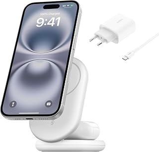 Belkin BoostCharge 2-in-1 magnetische inklapbare Qi2 15W lader, MagSafe compatible draadloze oplader, snellader voor Apple iPhone 16/15/14/13/12, laadstation met antislipvoet, voedingsadapter - Wit