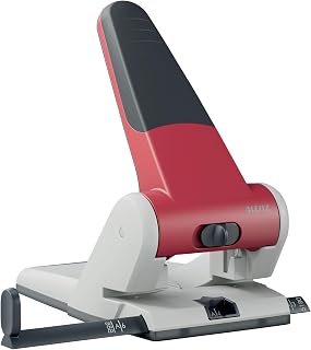 Leitz Extra sterke perforator van metaal, voor 65 vellen, grote perforator voor op kantoor, geleiderail met formaataanduidingen, ergonomisch design, rood, 51800025