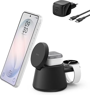 Belkin UltraCharge 3-in-1 Draadloze Oplader met USB-C Poort voor Smartwatch + 45W Adapter (watch-lader niet meegeleverd), Qi2.2 Magnetisch 25W laadstation voor Samsung S26, Galaxy Watch, Apple Watch